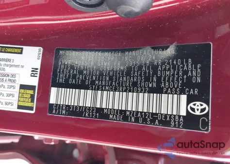 2024 Toyota Corolla Se из США, поврежденный, VIN 5YFS4MCE3RP210932